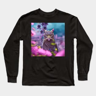 Elegant Purple Cat Surrounded by Pink Flowers Long Sleeve T-Shirt